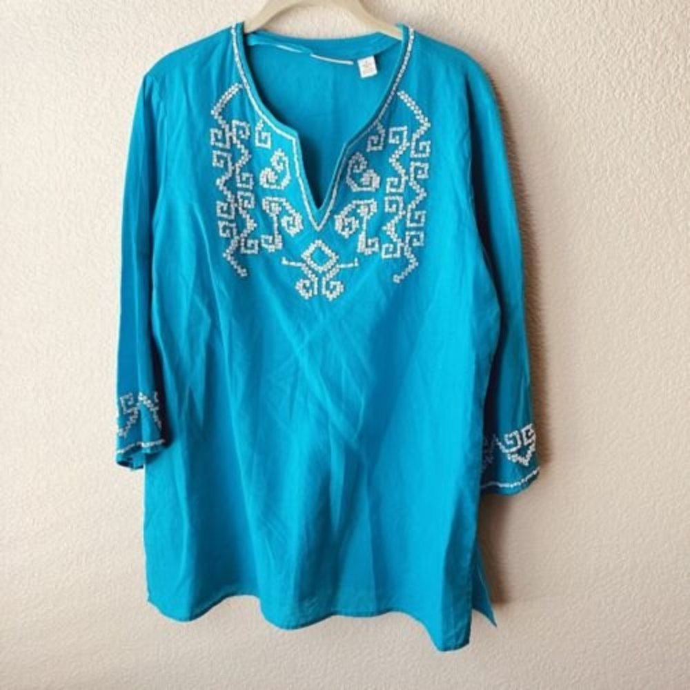 Chico Womens 3/4 Sleeve Linen Blend Blouse Top Size 2 Large G2